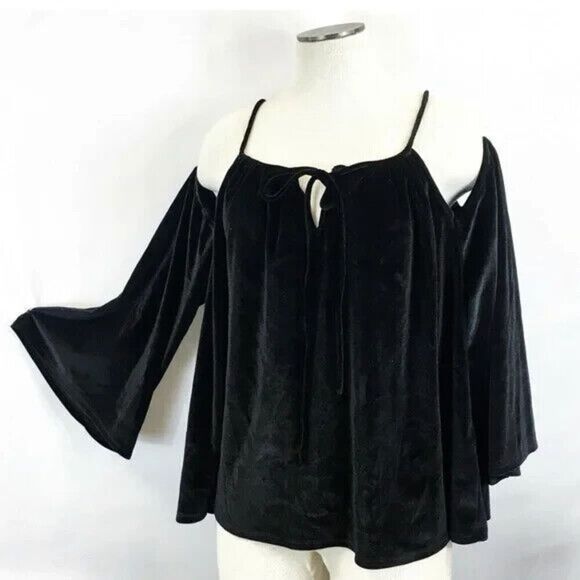 NWT Laundry Shelli Segal Cropped Tent Blouse Top Black Larg Cold Shoulder Velvet - Picture 1 of 10
